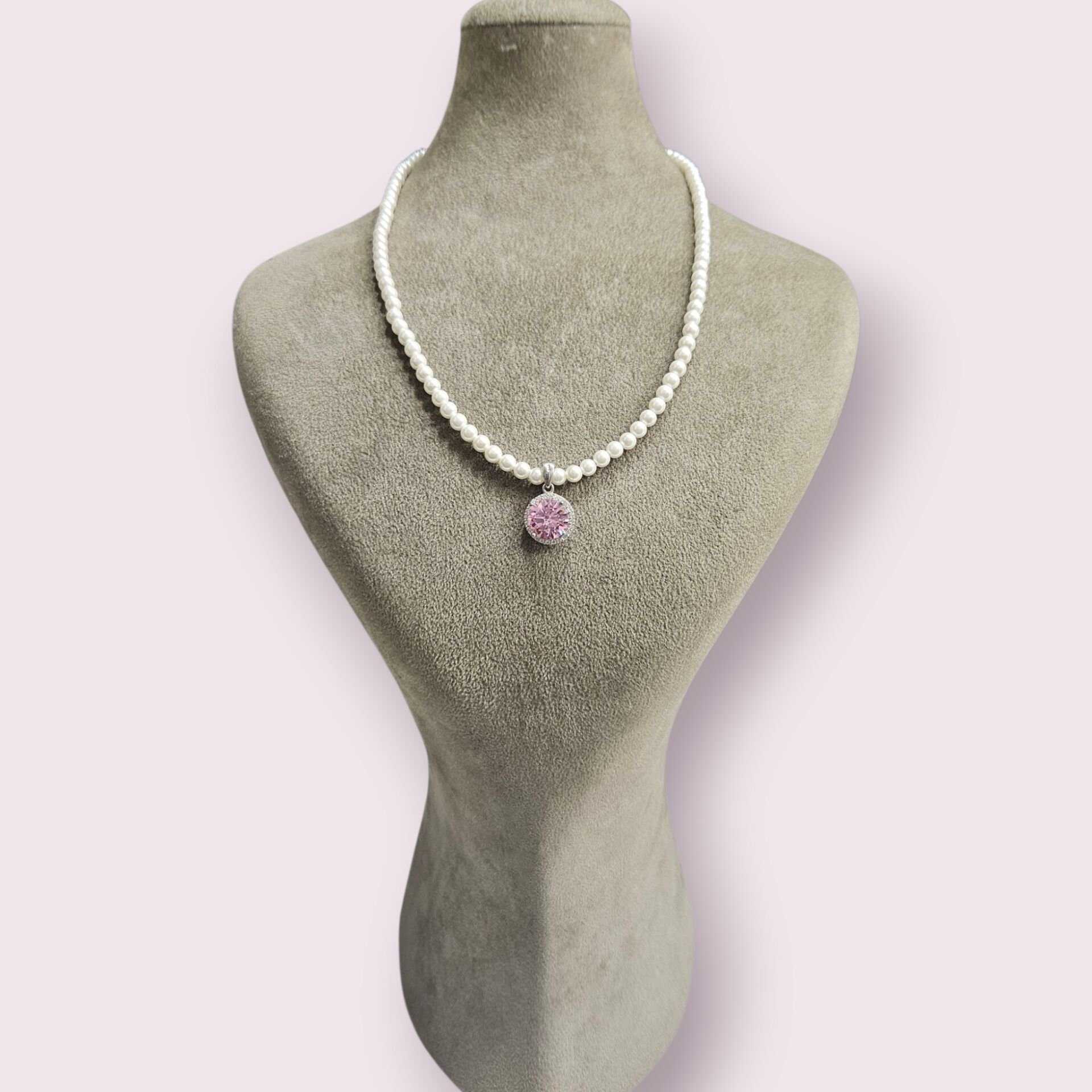 Pembe Taşlı Gümüş Kolye Ucu- İnci Kolye