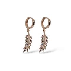 Renkli Taşlı Yaprak Model Rose Kaplama Kadın Gümüş Küpe