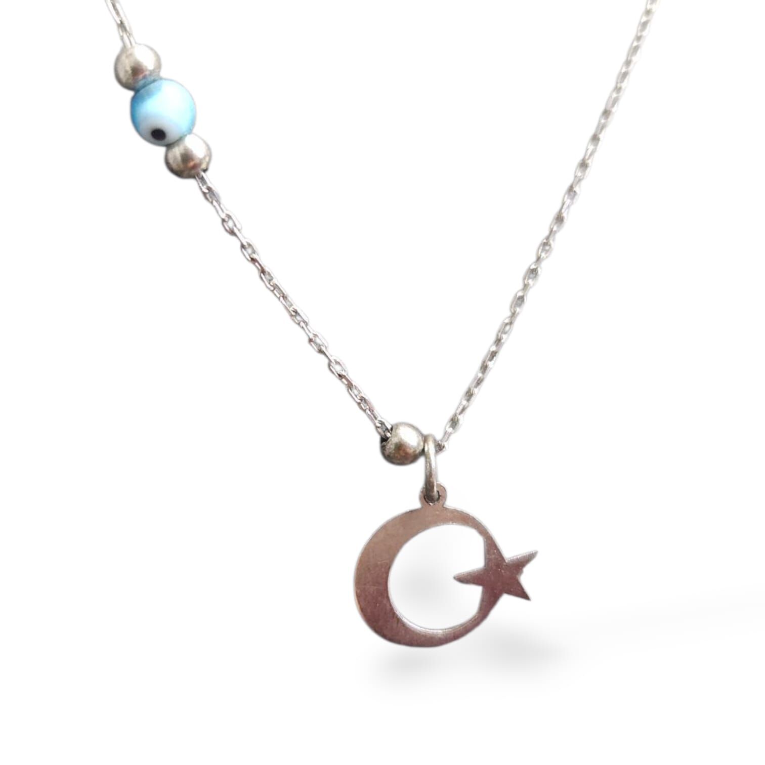 Ay Yıldız Model Boncuklu Gümüş Kolye