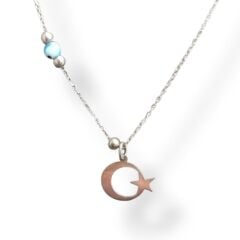 Ay Yıldız Model Boncuklu Gümüş Kolye