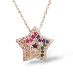 Renkli Taşlı Yıldız Model Gümüş Kolye