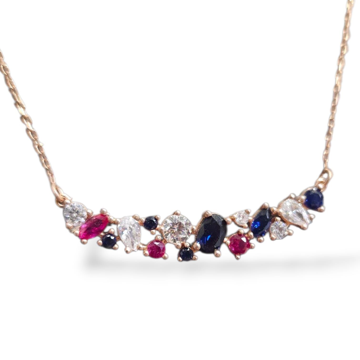 Safir,Yakut ve Zirkon Taşlı Gümüş Kolye