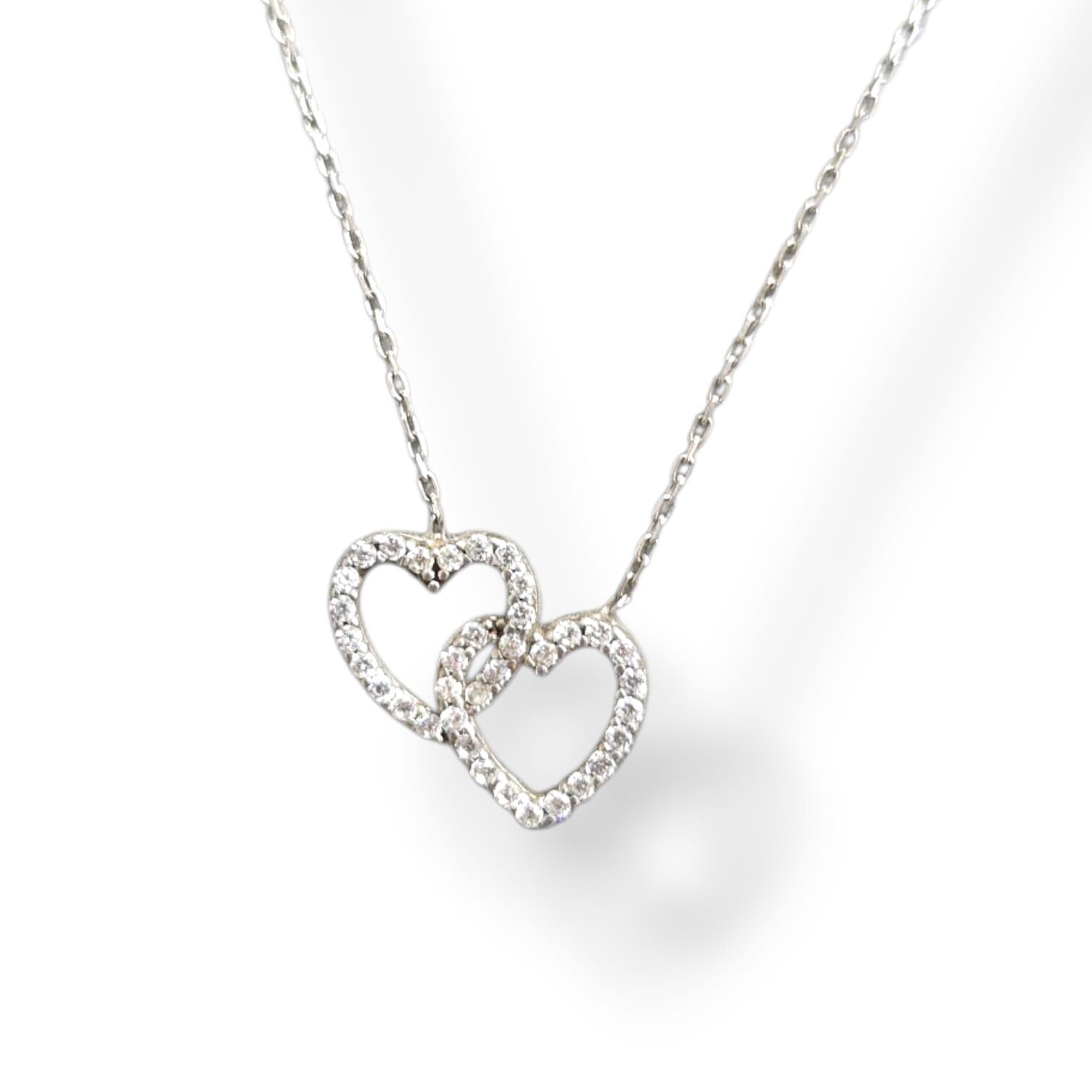 İkili Kalp-Taşlı Gümüş Kolye