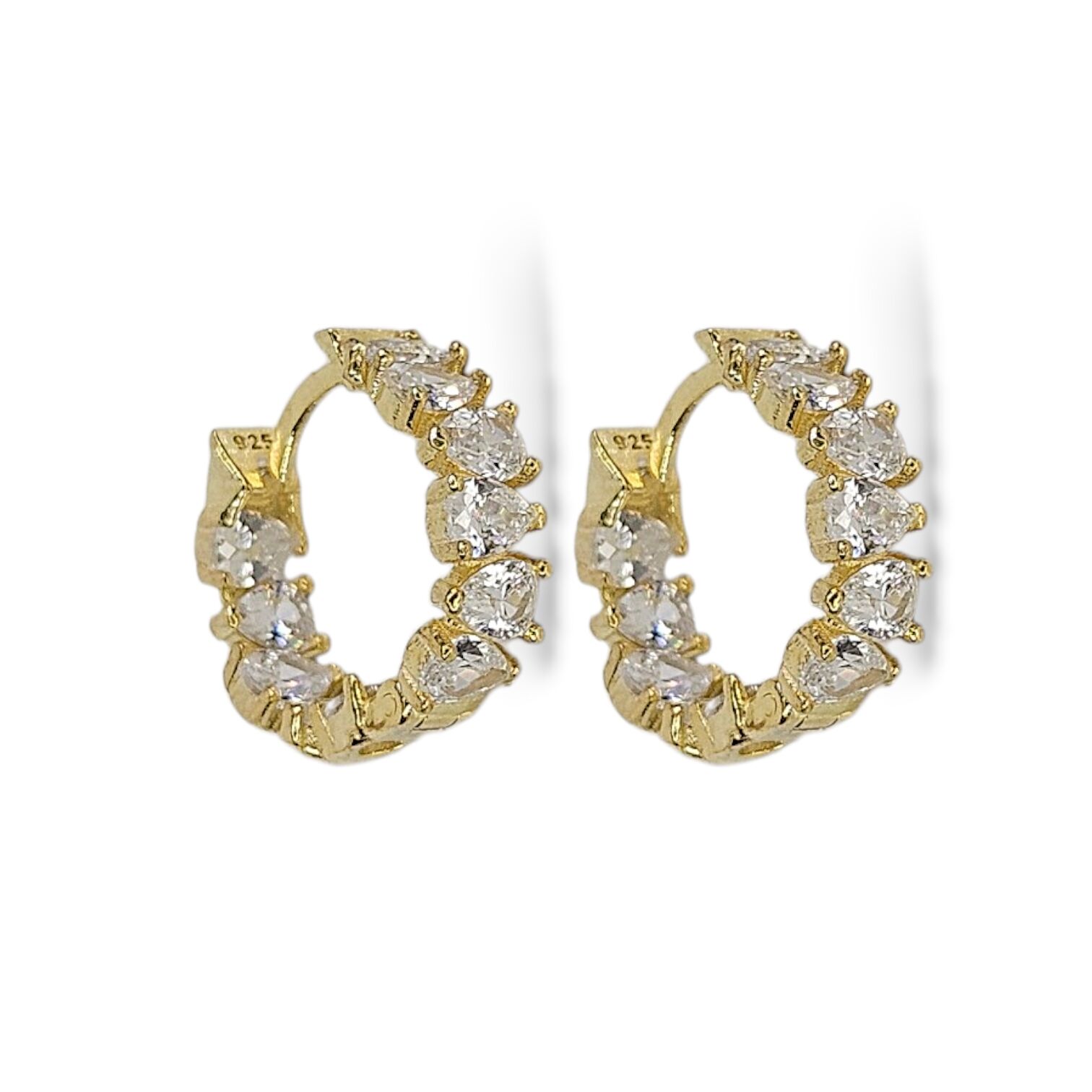 14K Altın Kaplama Damla Sıralı Çift Taşlı Kadın Gümüş Halka Küpe