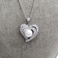Kalp Form Taşlı Gümüş İnci Kolye