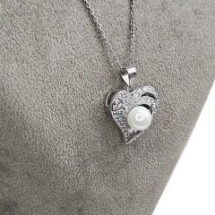 Kalp Form Taşlı Gümüş İnci Kolye