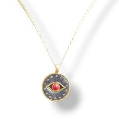 Göz Model Kırmızı Taşlı Çift Renk Gümüş Kolye