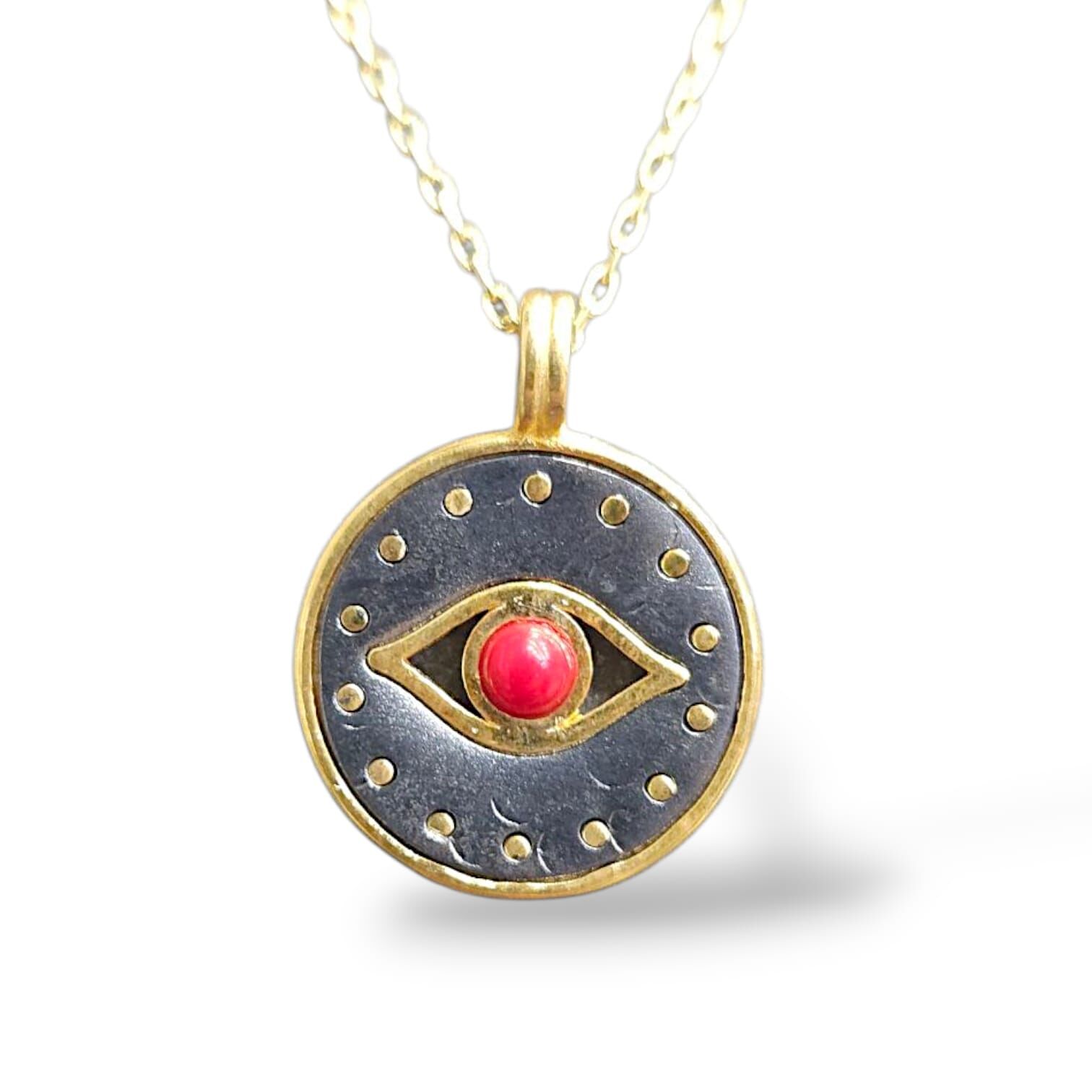 Göz Model Kırmızı Taşlı Çift Renk Gümüş Kolye