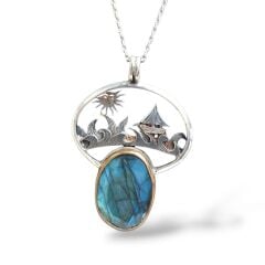 Labradorit Tasarım Doğal Taş Gümüş Kolye