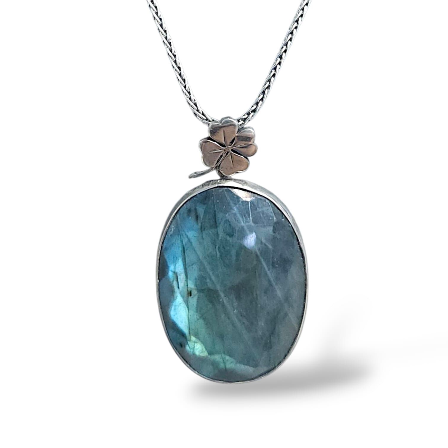 Labradorit Doğal Taş Gümüş Kolye