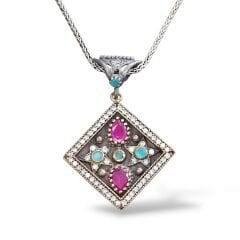 Yakut ve Yeşil taşlı Otantik Gümüş Kolye