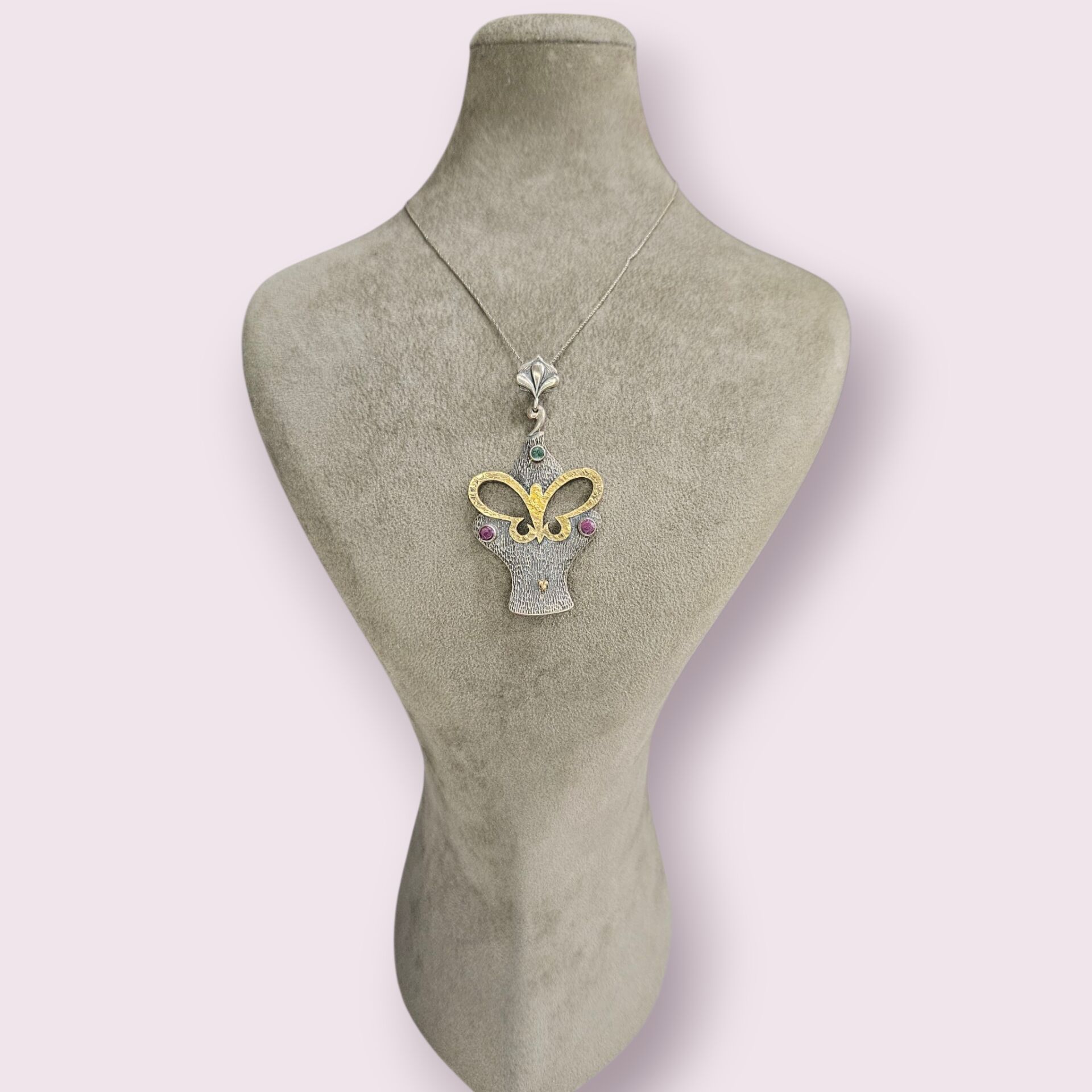 Yakut ve Zümrüt Taşlı Otantik Gümüş Kolye