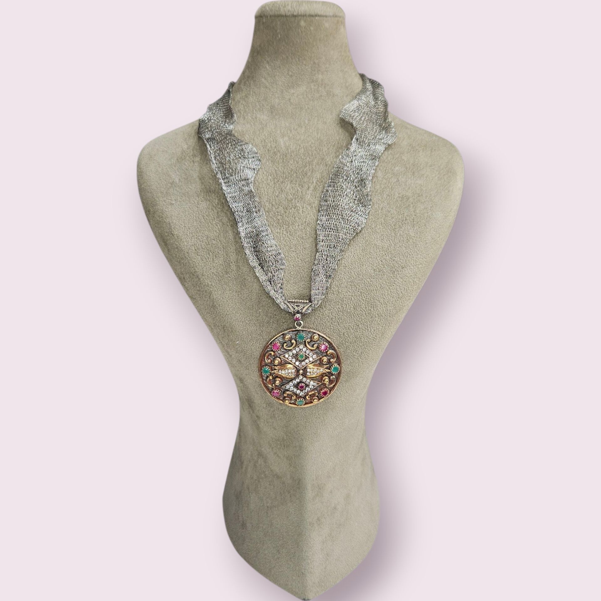 Yakut ve Zümrüt Taşlı Otantik Gümüş Kolye