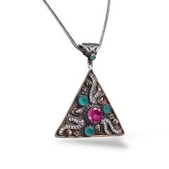 Üçgen Form Yakut ve Zümrüt Taşlı Otantik Gümüş Kolye