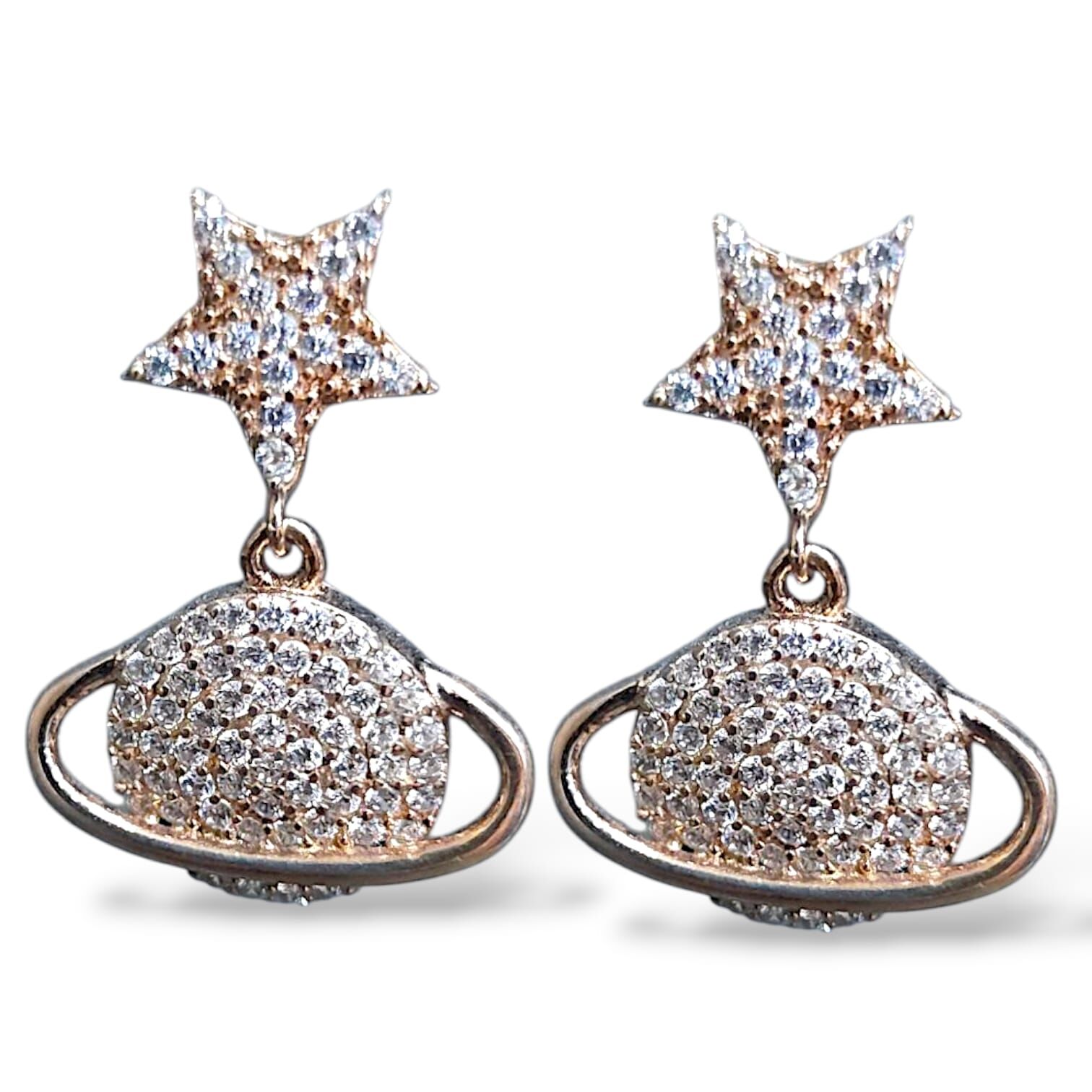 Zirkon Taşlı Yıldız Model Rose Renk Gümüş Küpe