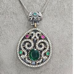 Damla Form Yakut ve Zümrüt Taşlı Otantik Gümüş Kolye