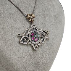 Yakut ve Zümrüt Taşlı Otantik Gümüş Kolye