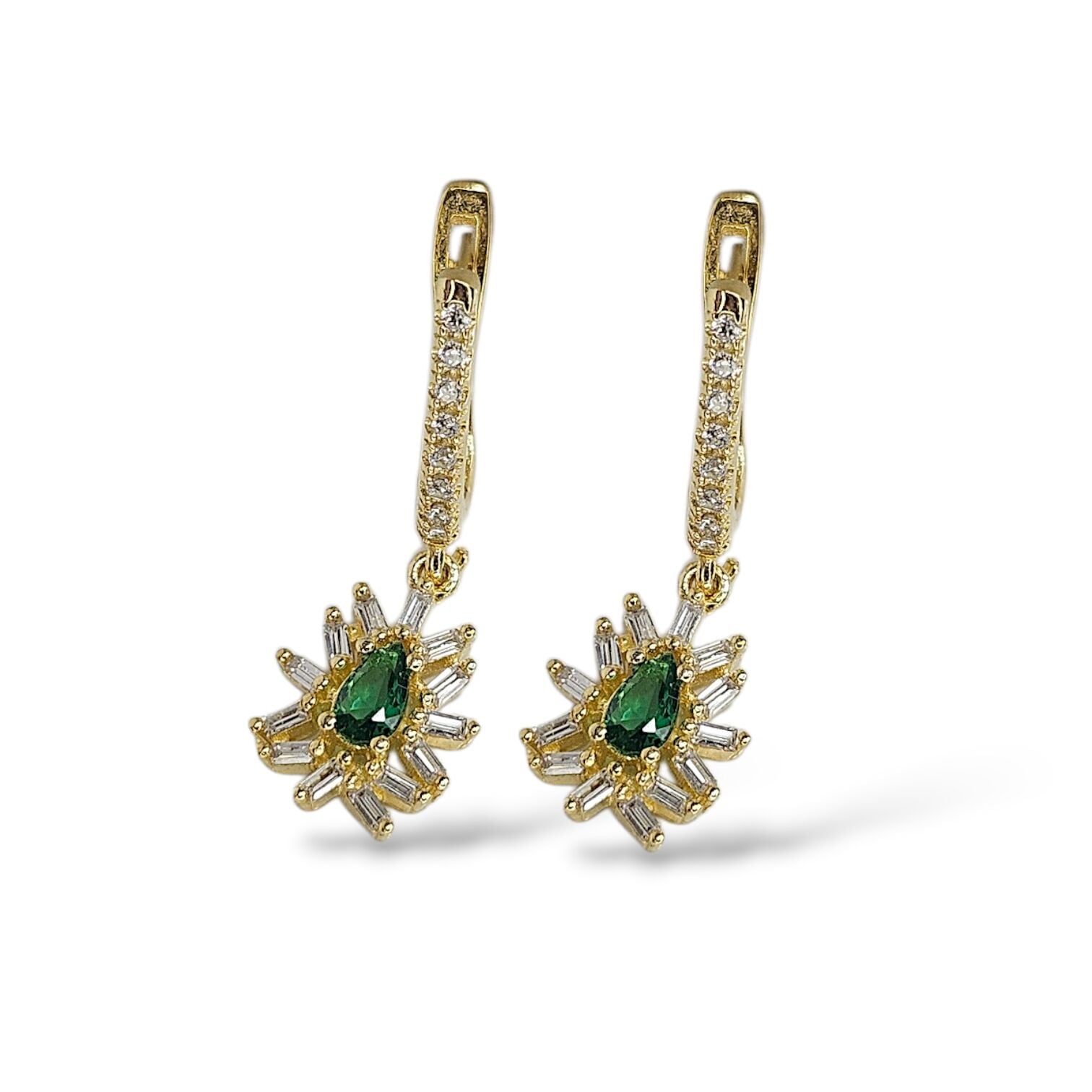 14K Altın Kaplama Zümrüt Renk Zirkon Taş Sallantılı Kadın Gümüş Küpe