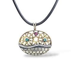 Yakut ve Zümrüt Taşlı Otantik Gümüş Kolye