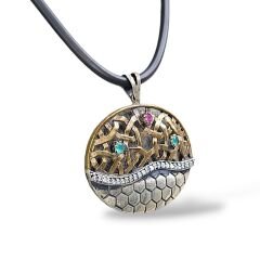 Yakut ve Zümrüt Taşlı Otantik Gümüş Kolye - Deri