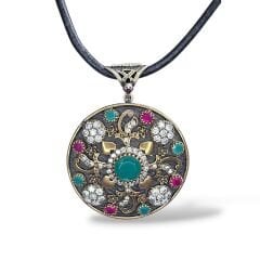 Daire Form Yakut ve Zümrüt Taşlı Büyük Boy Otantik Gümüş Kolye