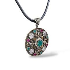 Daire Form Yakut ve Zümrüt Taşlı Büyük Boy Otantik Gümüş Kolye