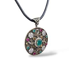 Daire Form Yakut ve Zümrüt Taşlı Büyük Boy Otantik Gümüş Kolye