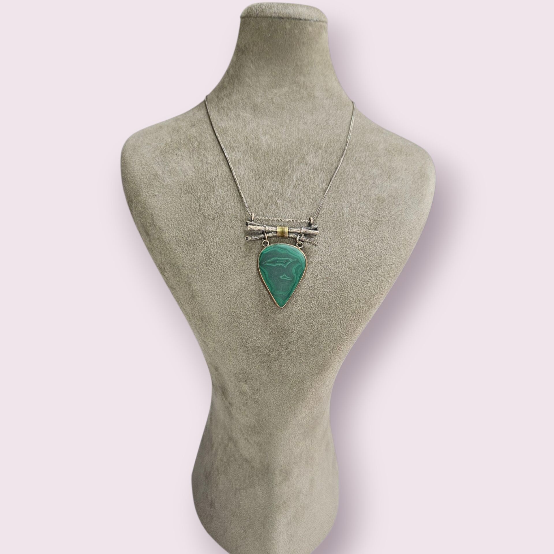 Doğal Malahit Taşı Otantik Gümüş Kolye