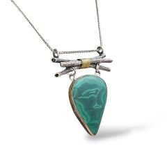 Doğal Malahit Taşı Otantik Gümüş Kolye