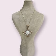 İnci Detaylı Zümrüt ve Yakut Taşlı Otantik Gümüş Kolye