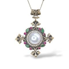 İnci Detaylı Zümrüt ve Yakut Taşlı Otantik Gümüş Kolye