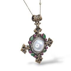 İnci Detaylı Zümrüt ve Yakut Taşlı Otantik Gümüş Kolye