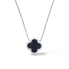 Siyah Renk Yonca Model Gümüş Kolye