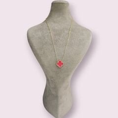 Kırmızı Renk Yonca Model Gold Kaplama Gümüş Kolye