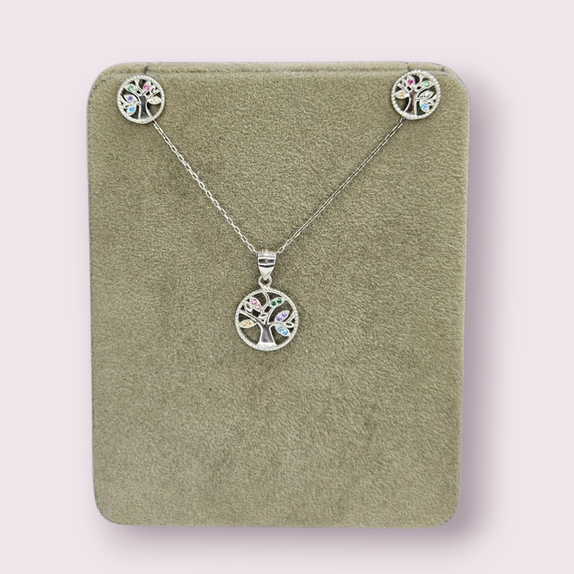 Ağaç Form Renkli Taşlı Gümüş Kolye ve Küpe Takım