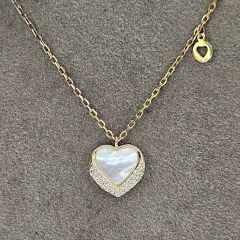 Kalp Form Sedef ve Zirkon Taşlı Gold Kaplama Kolye-Küpe Takım