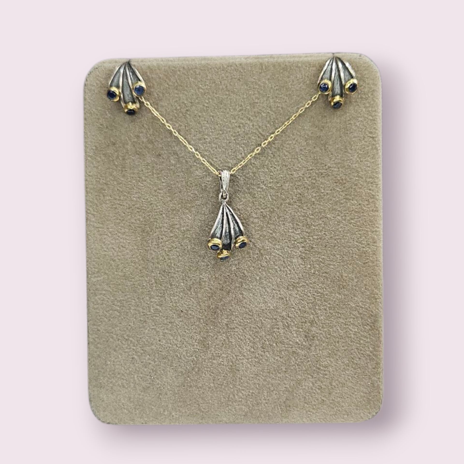 Safir Taşlı Tasarım Kolye ve Küpe Takım