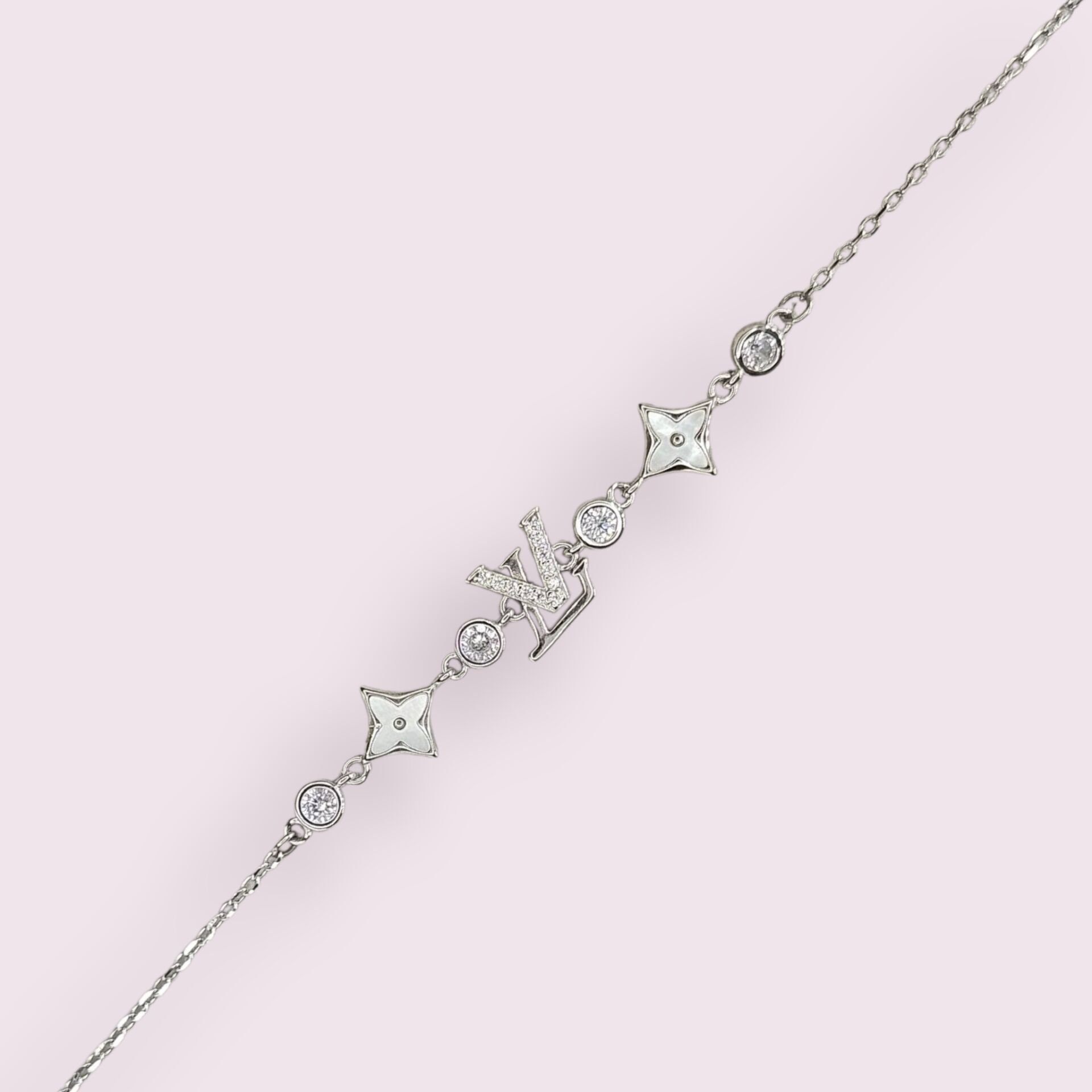 LV Model Sedef ve Zirkon Taşlı Minimal Gümüş Bileklik