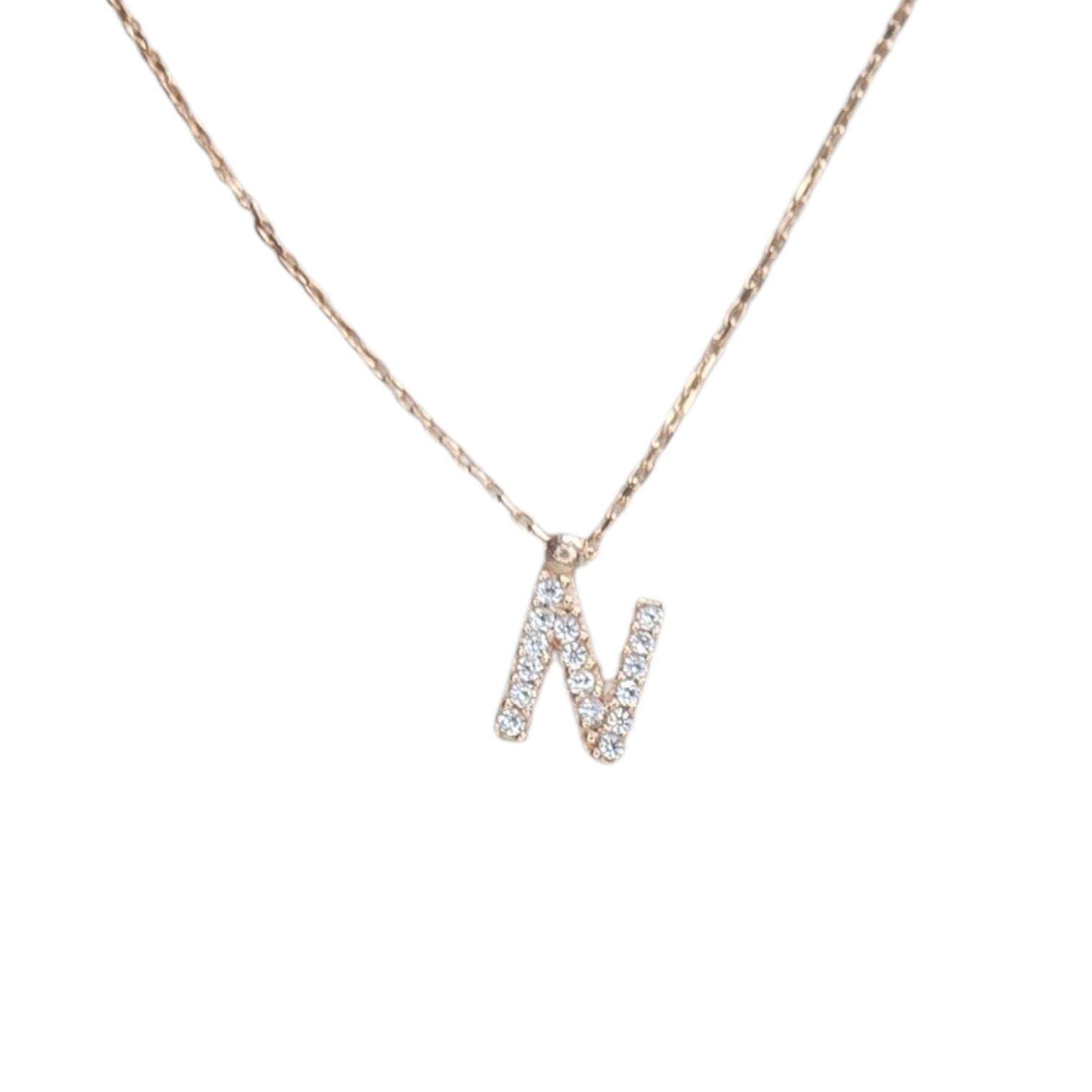 N Harfi Taşlı Rose Kaplama Kadın Gümüş Kolye