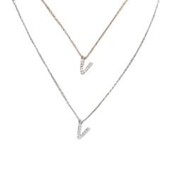 V Harfi Taşlı Kadın Gümüş Kolye
