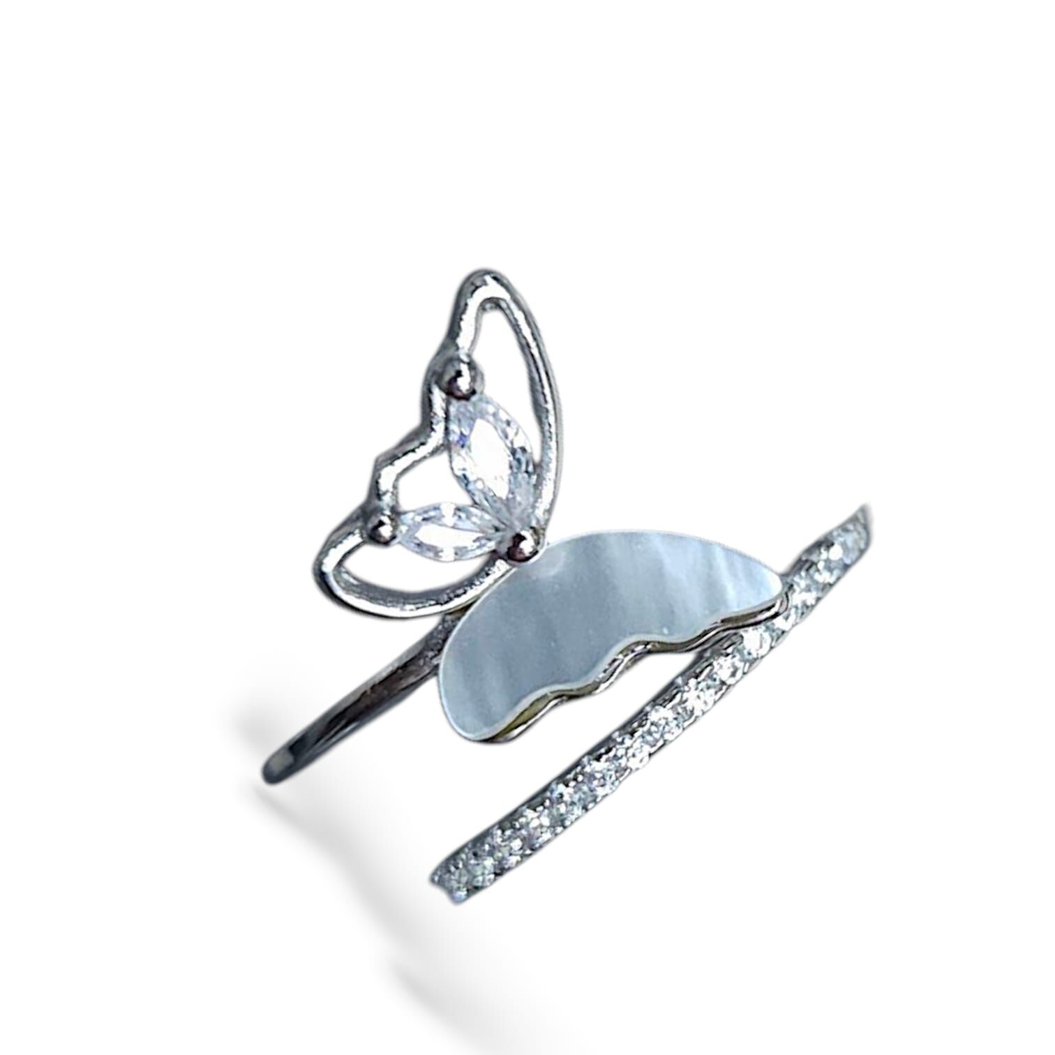 Kelebek Model Sedef-Zirkon Taşlı Gümüş Yüzük