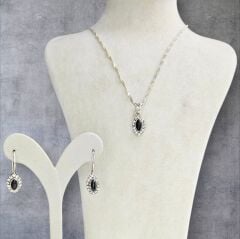 Onix Siyah Taşlı Zirkon Taşlı Kolye Küpe Gümüş Set