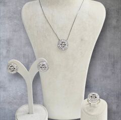 Kristal Taşlı Modern Kolye Küpe Yüzük Gümüş Set