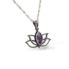 Ametist Renk Lotus Çiçeği Kolye Küpe Yüzük Gümüş Set