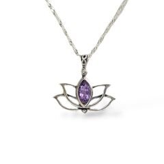 Ametist Renk Lotus Çiçeği Kolye Küpe Yüzük Gümüş Set