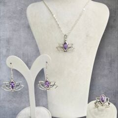 Ametist Renk Lotus Çiçeği Kolye Küpe Yüzük Gümüş Set
