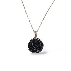 Siyah Gül Form Rose Kaplama Kolye Küpe Gümüş Takım