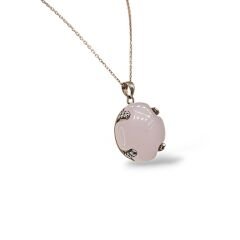 Pembe Kuvars Renk Büyük Taşlı Kolye Küpe Yüzük Gümüş Set