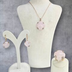 Pembe Kuvars Renk Büyük Taşlı Kolye Küpe Yüzük Gümüş Set