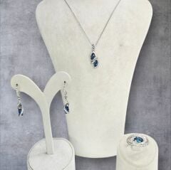 Mavi Topaz Kolye, Küpe, Yüzük Gümüş Set